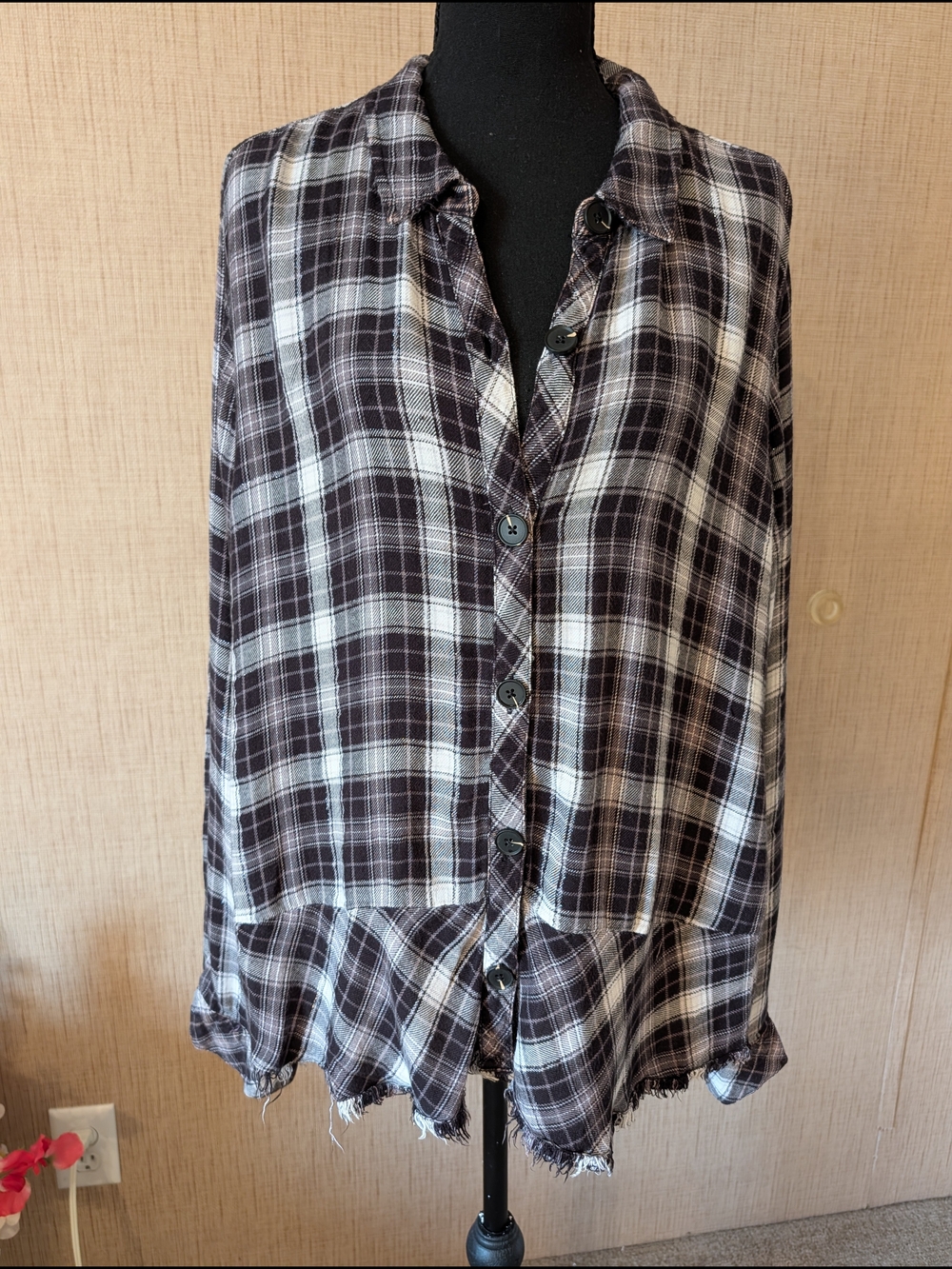 Democracy Black and White Plaid Button-Up Shirt with Frayed Hem
